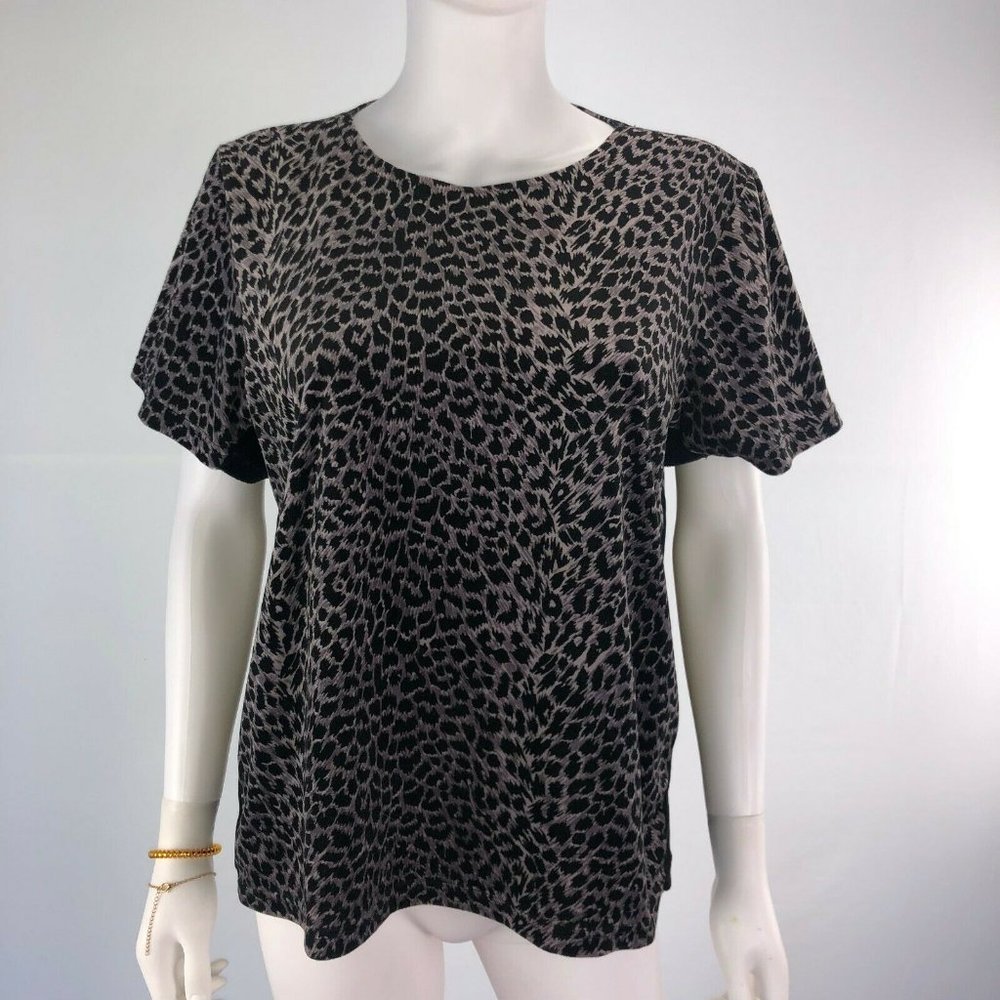 Moving Blue Leopard Print Top Medium Animal Print Short Sleeve Blouse